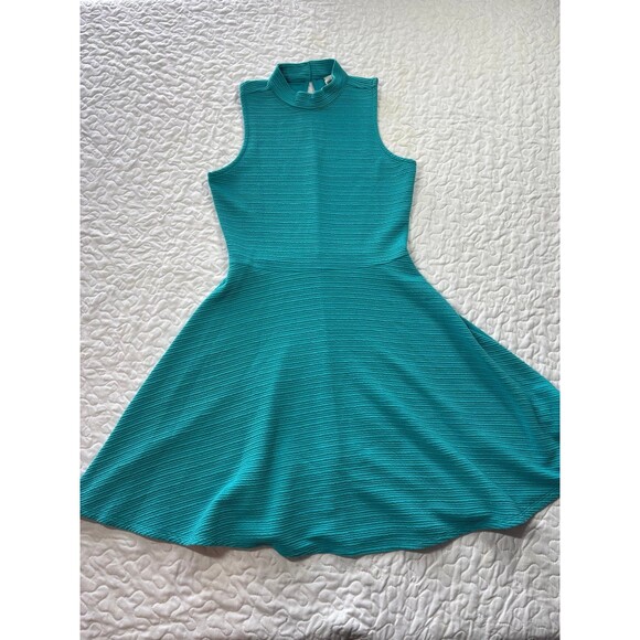 Decree Turquoise Knit Ribbed Fit & Flare Sleeveless High Neck Dress size small - Picture 1 of 7